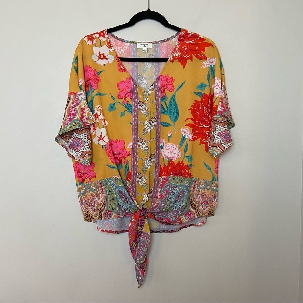 Umgee-floral Tie Front Button Down Short Sleeve (Small)